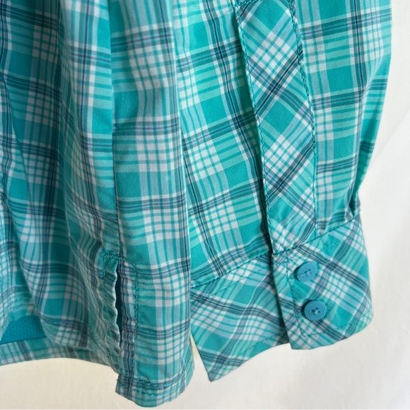 Eddie Bauer Plus Size 2XL Aqua Plaid Long Sleeve Summer Blouse Front Zip Pockets - Picture 8 of 14